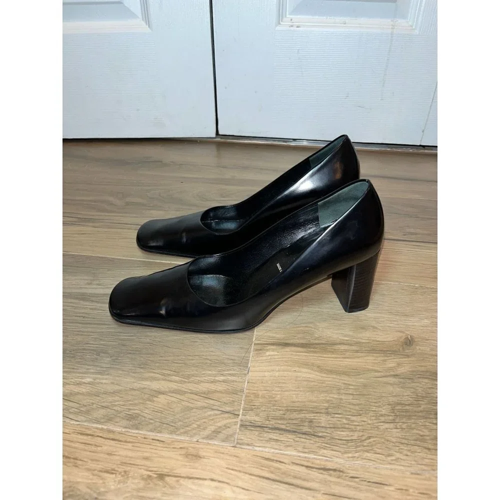 Vintage Prada Black Leather Square-Toe Block Heel Pumps Women Size 9